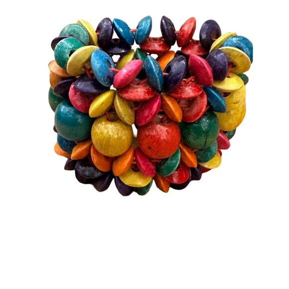 Colorful Wide Wooden Beaded Flower Bracelet - Picture 3 of 6